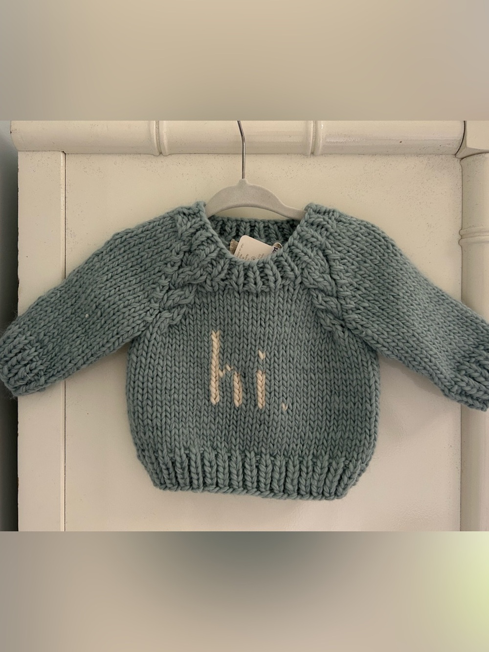 Chunky Knit Baby Sweater in Dusty Blue with 'hi.'